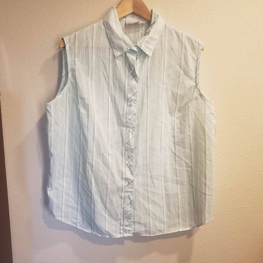 Vintage Shirt Accent Sleeveless Button Down Green White Striped Women's 20W 40